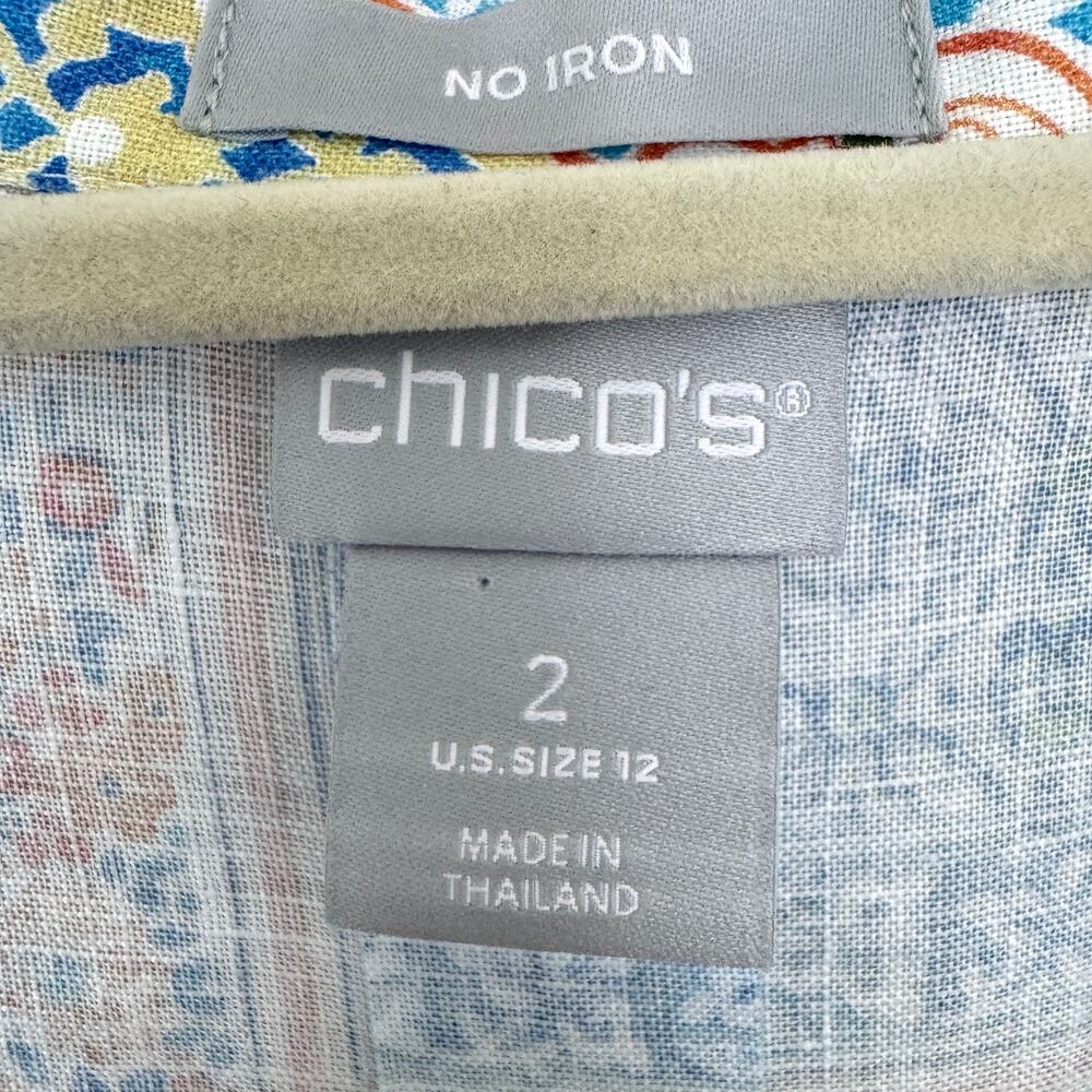 Chico's Womens Button Shirt Top Size 12 100% Linen Summer Floral No Iron Blue - Picture 2 of 6